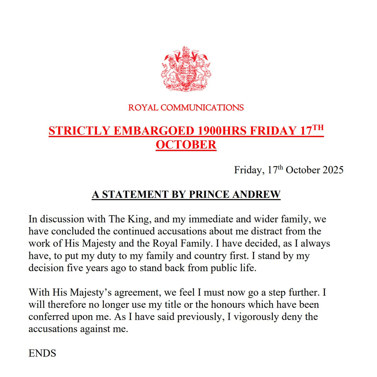 Die Erklärung zum Ende von Andrew als Herzog von York. - Foto: Buckingham Palace/PA Media/dpa