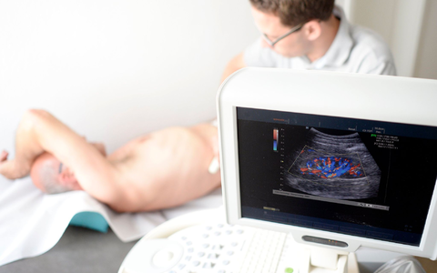 Ein Mediziner untersucht die Niere eines Patienten mit einem Ultraschallgerät - Foto: Maurizio Gambarini/dpa