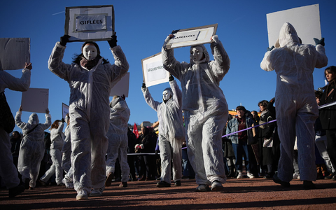 Am Internationalen Tag zur Beseitigung von Gewalt gegen Frauen gibt es stets Protestaktionen. - Foto: Laurent Cipriani/AP/dpa