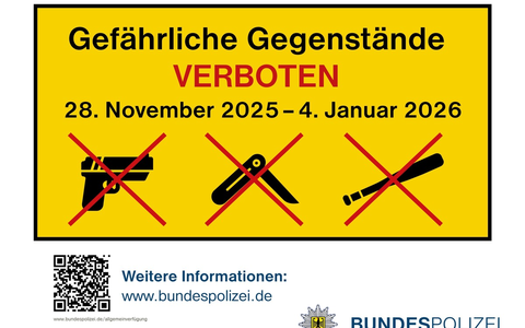Bundespolizeidirektion München: Bundespolizeidirektion München erlässt temporäre Mitführverbote für gefährliche Gegenstände an acht bayerischen Bahnhöfen und zwei S-Bahnhaltepunkten in München - Foto: presseportal.de
