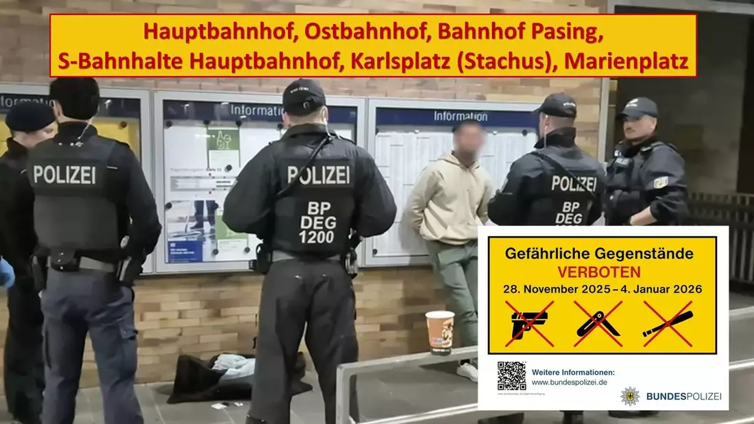 Bundespolizeidirektion München: Mitführverbot von Waffen und gefährlichen Gegenständen ab 28. November in Münchner Bahnhöfen / Flaschen im Jutebeutel zerschellen am Treppengeländer / Angriffe gegen Beamte - Bild: presseportal.de
