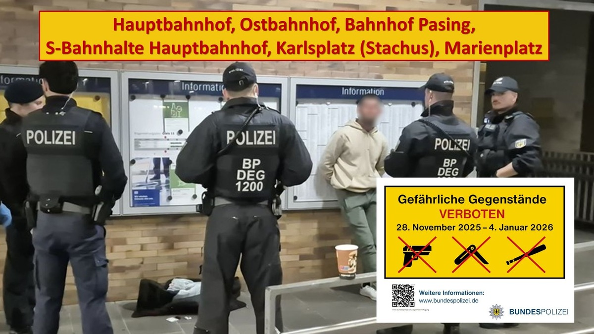 Bundespolizeidirektion München: Mitführverbot von Waffen und gefährlichen Gegenständen ab 28. November in Münchner Bahnhöfen / Flaschen im Jutebeutel zerschellen am Treppengeländer / Angriffe gegen Beamte - Foto: presseportal.de