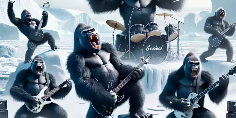 Tierisch laute Töne im ewigen Eis: Eine Gruppe Gorillas rockt mit E-Gitarren und Drumset zwischen Eisbergen der Arktis. - Foto: THN