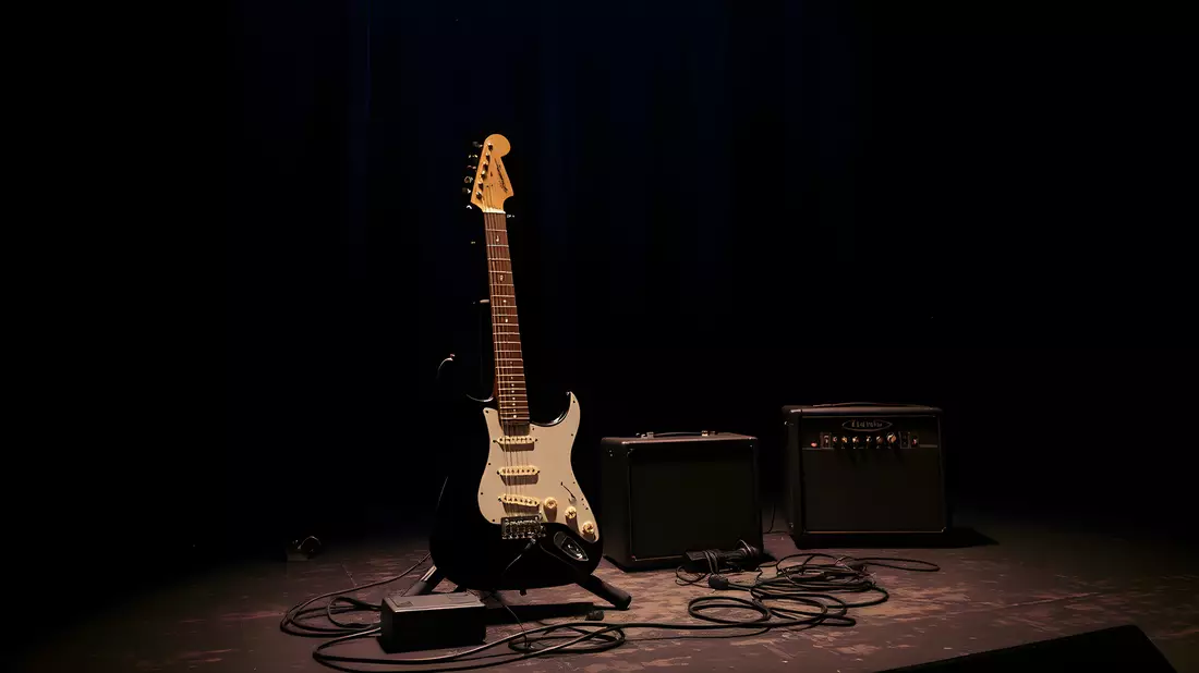 Schwarze E-Gitarre auf Ständer neben Verstärkern auf dunkler Bühne