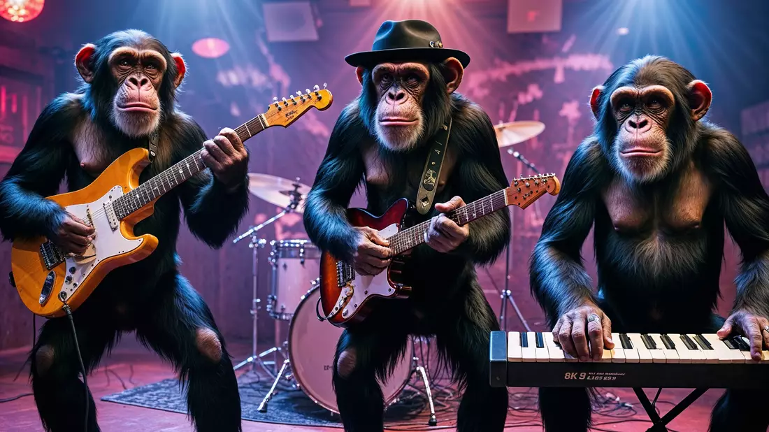 Drei Schimpansen mit Gitarren und Keyboard als Band auf einer Clubbühne
