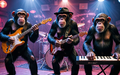 Affenstarke Performance im Clublicht: Ein Trio aus Schimpansen greift zu Gitarren und Keyboard und bringt die kleine Bühne zum Beben. - Foto: THN