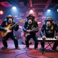 Affenstarke Performance im Clublicht: Ein Trio aus Schimpansen greift zu Gitarren und Keyboard und bringt die kleine Bühne zum Beben. - Foto: THN