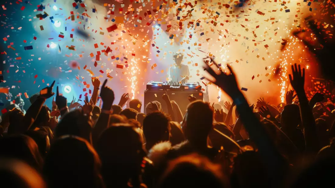 DJ hinter Pult mit buntem Konfetti, Funkenfontänen und feiernder Menge davor