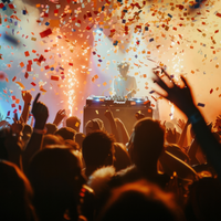 Ekstase pur: Buntes Konfetti und sprühende Funkenfontänen begleiten den DJ, während die Menge dicht gedrängt die Arme hochreißt. - Foto: THN