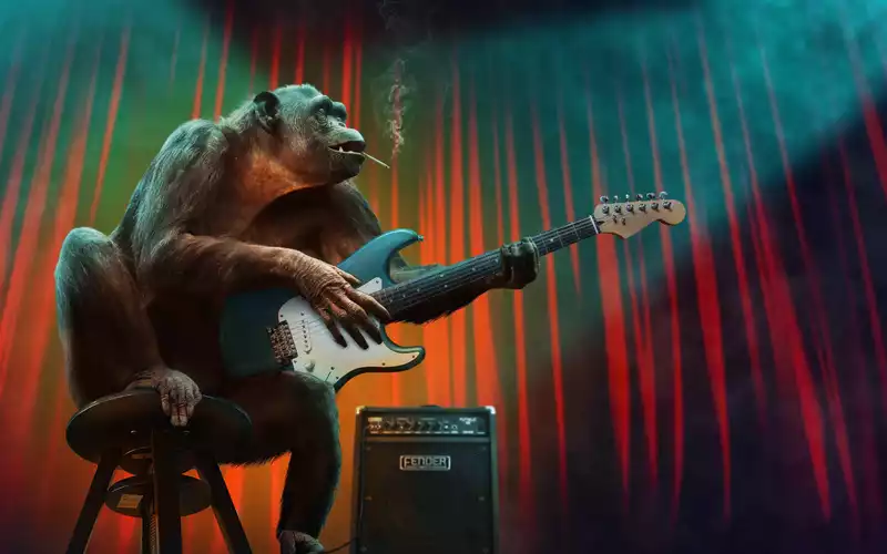 Cooler Auftritt der besonderen Art: Ein Schimpanse hält lässig eine E-Gitarre und posiert mit Zigarette neben dem Verstärker. - Foto: THN