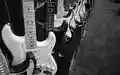 Qual der Wahl: Dicht an dicht reihen sich zahlreiche E-Gitarren auf, festgehalten in stimmungsvollem Schwarzweiß im Musikladen. - Foto: THN