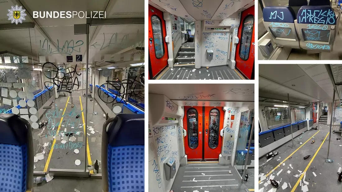 Bundespolizeidirektion München: Fußballfans verunstalten Zugfahrgastbereich / Hoher Schaden bei DB Regio AG - Bild: presseportal.de