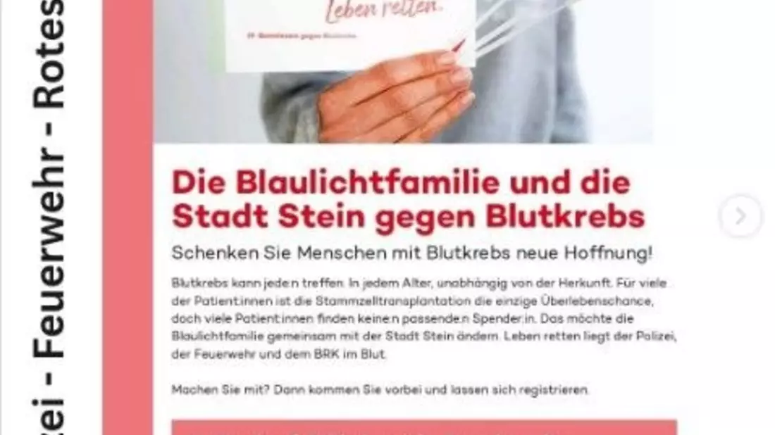 POL-MFR: (1188) Gemeinsame Typisierungsaktion Stammzellenspende der Blaulichtfamilie Stein und der Stadt Stein - Bild: presseportal.de