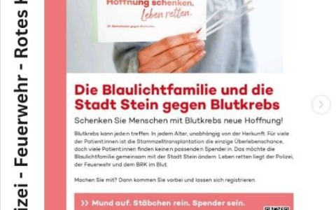 POL-MFR: (1188) Gemeinsame Typisierungsaktion Stammzellenspende der Blaulichtfamilie Stein und der Stadt Stein - Foto: presseportal.de