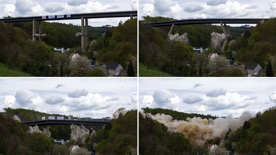 Im Mai 2023 wurde die alte Brücke gesprengt - 17.000 Tonnen Schutt mussten beiseite geräumt werden. (Archivbild) - Bild: Christoph Reichwein/dpa