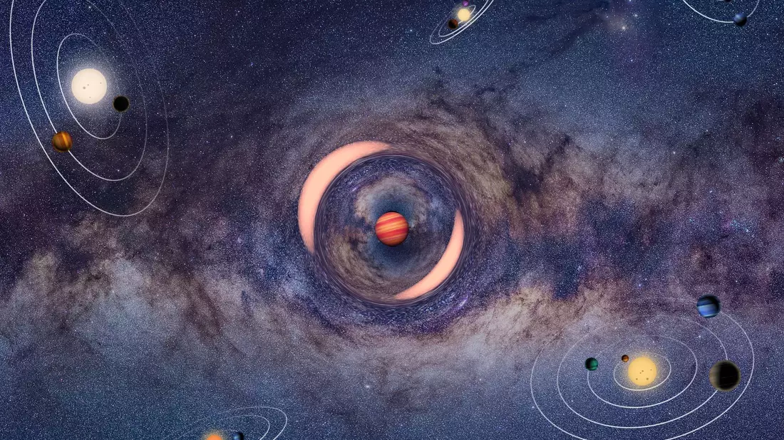 Die Illustration zeigt einen frei schwebenden Planeten, der das Licht eines dahinter liegenden Sterns ablenkt - ähnlich wie bei einem Brennglas. - Bild: J. Skowron/K. Ulaczyk/OGLE/dpa
