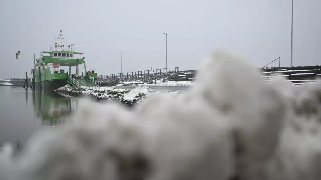 Das Fähr- und Frachtschiff «Spiekeroog IV» liegt im Hafen - wegen des Sturms werden viele Inseln nicht angefahren. - Bild: Lars Penning/dpa