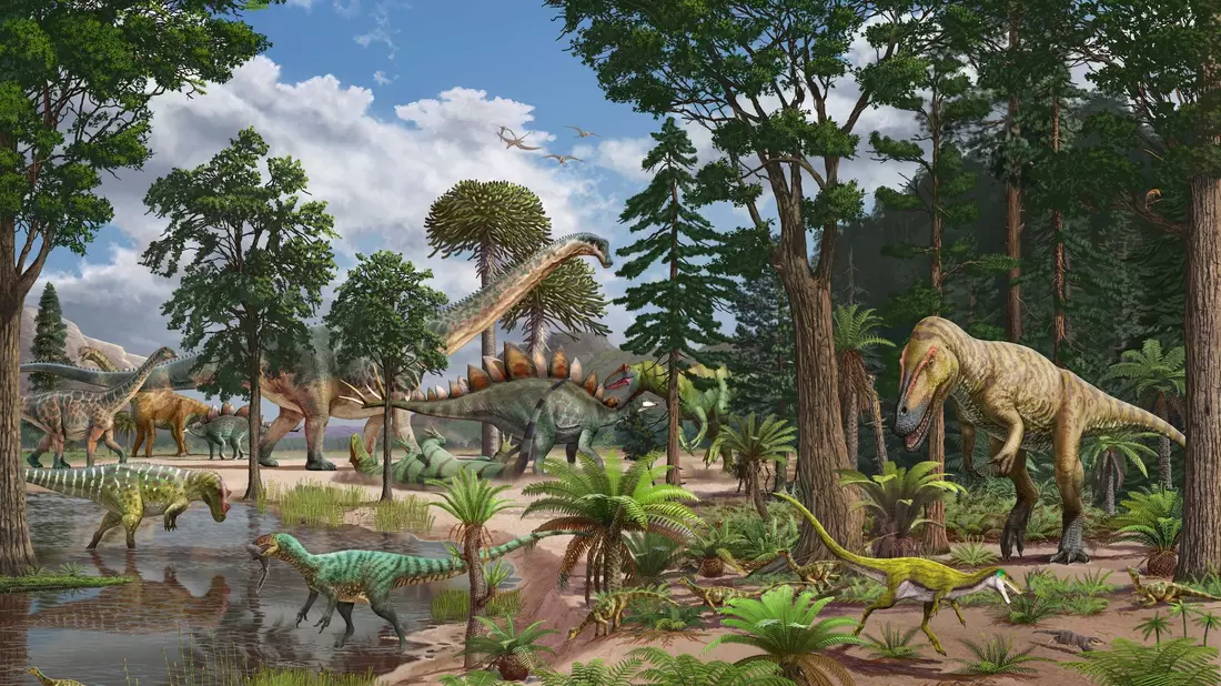 Künstlerische Darstellung des Ökosystems der Dry Mesa Dinosaur Quarry vor etwa 150 Millionen Jahren im heutigen US-Staat Colorado - Bild: Sergey Krasovskiy; Pedro Salas/EurekAlert/dpa
