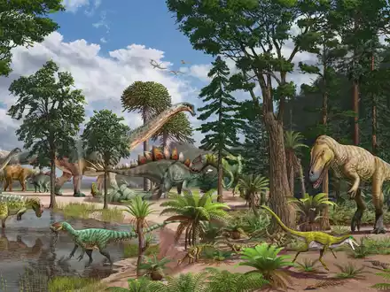 Künstlerische Darstellung des Ökosystems der Dry Mesa Dinosaur Quarry vor etwa 150 Millionen Jahren im heutigen US-Staat Colorado - Foto: Sergey Krasovskiy; Pedro Salas/EurekAlert/dpa