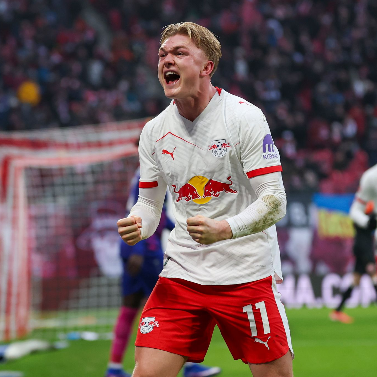 Conrad Harder jubelt über sein Tor zum 1:0. - Foto: Jan Woitas/dpa