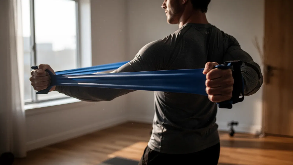 Widerstandsband-Übung bekämpft Rundrücken und Schulterprobleme - Foto: über boerse-global.de