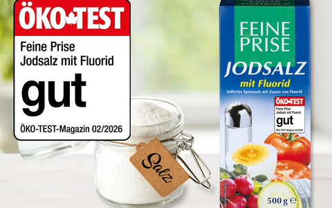 Zum Würzen empfohlen: Jodsalz mit Fluorid der NORMA-Eigenmarke FEINE PRISE im ÖKO-TEST 02/2026 mit gut bewertet / Top-Ergebnis im Vergleich mit anderen Discountern, Supermärkten und sogar Bioläden - Foto: presseportal.de