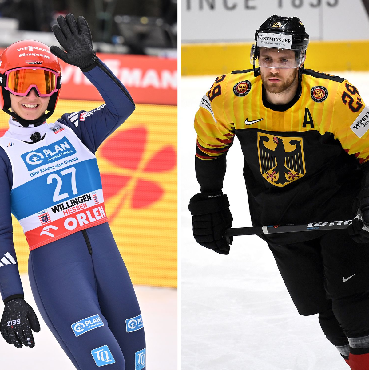 Katharina Schmid in Predazzo und Leon Draisaitl in Mailand führen das deutsche Team bei der Eröffnungsfeier als Fahnenträger an - Foto: Swen Pförtner/Monika Skolimowska/dpa