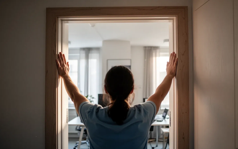 Türrahmen-Stretch bekämpft die gefürchtete Büro-Brust - Foto: über boerse-global.de Türrahmen-Stretch bekämpft die gefürchtete Büro-Brust - Foto: über boerse-global.de
