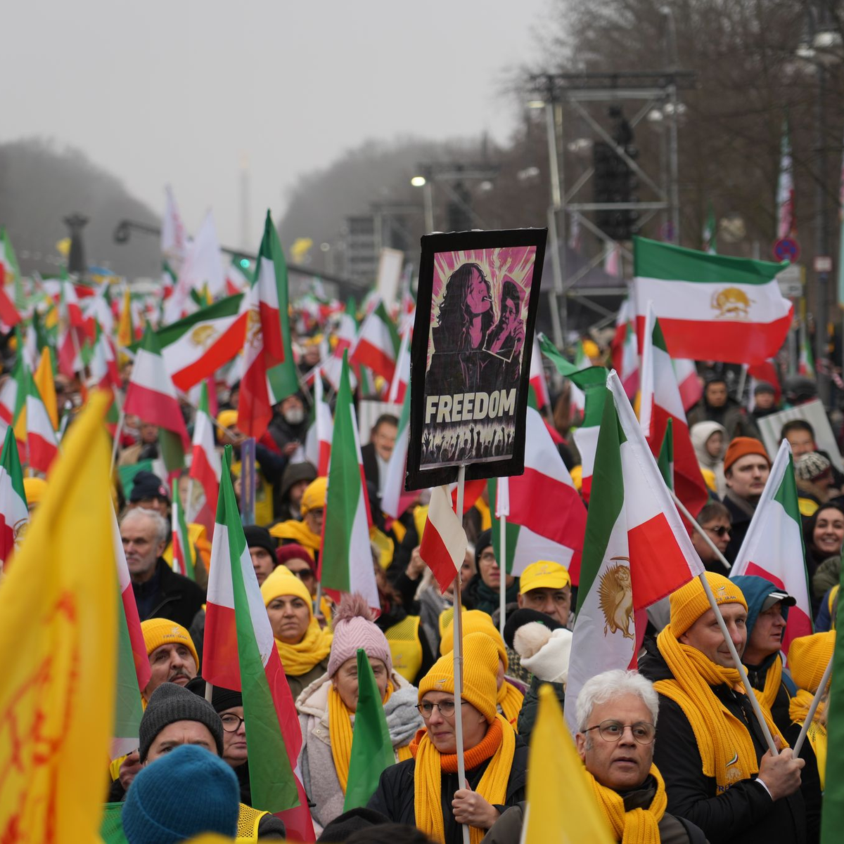 Demonstranten mit Plakaten und Transparenten am Brandenburger Tor in Berlin. - Foto: Manuel Genolet/dpa
