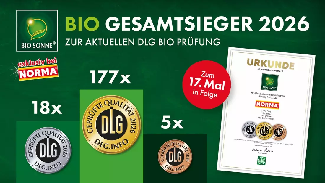 NORMA einfach Spitze auf der BIOFACH 2026: Insgesamt 200 DLG-Medaillen für die Eigenmarke BIO SONNE / Fränkischer Discounter erneut Bio-Gesamtsieger 2026 - Bild: presseportal.de