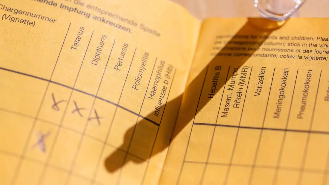 Impfpass mit Impfspalten und handschriftlichen Markierungen zu verschiedenen Schutzimpfungen - Bild: Fernando Gutierrez-Juarez/dpa