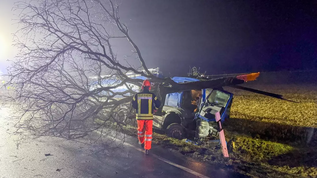 FW Flotwedel: LKW kommt von Fahrbahn ab - Baum blockiert B214 - Bild: presseportal.de