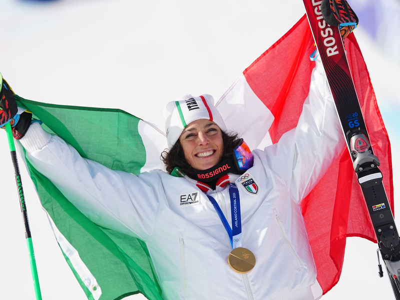 Olympiasiegerin im Super-G: Die Italienerin Federica Brignone. - Foto: Michael Kappeler/dpa