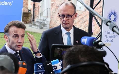 Betonen vor dem EU-Gipfel ihre Einigkeit: Macron und Merz.  - Foto: Francois Walschaerts/AP/dpa