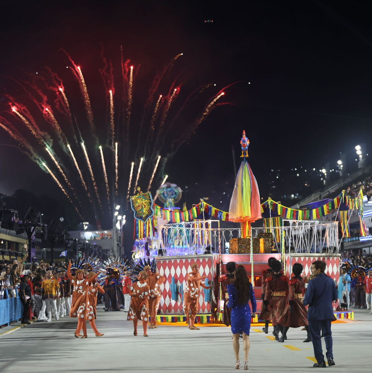 Mehrere Sambaschulen ziehen mit bunten Wagen durch die Straße. - Foto: Fernando Souza/dpa