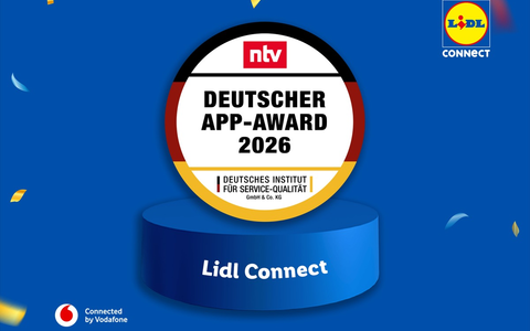 Lidl Connect erhält Deutschen App-Award 2026 / Auszeichnung bestätigt hohe Nutzerzufriedenheit und einfache mobile Tarifverwaltung - Foto: presseportal.de Lidl Connect erhält Deutschen App-Award 2026 / Auszeichnung bestätigt hohe Nutzerzufriedenheit und einfache mobile Tarifverwaltung - Foto: presseportal.de