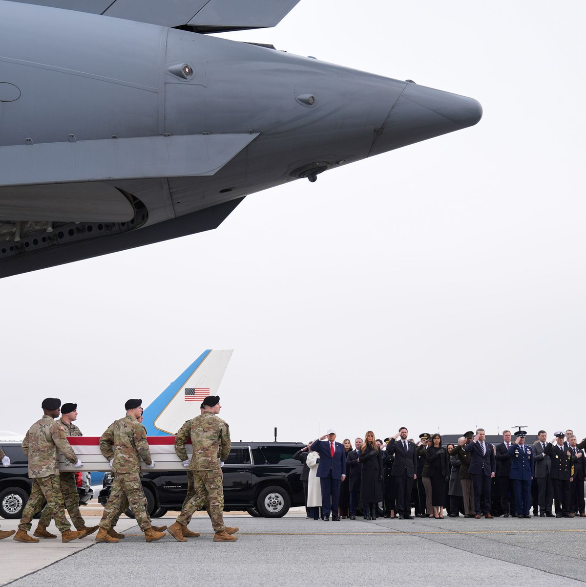 US-Präsident Trump erweist gefallenen US-Soldaten letzte Ehre.  - Foto: Mark Schiefelbein/AP/dpa