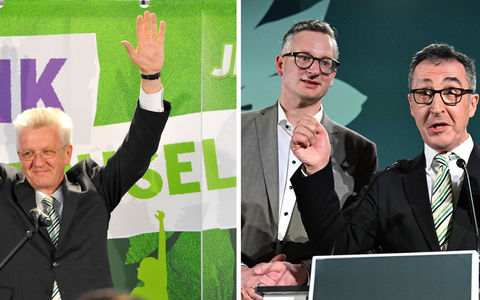 Sicher kein Zufall: Özdemir trägt die gleiche Krawatte wie Kretschmann 2011.  - Foto: Uwe Anspach/Bernd Weißbrod/dpa