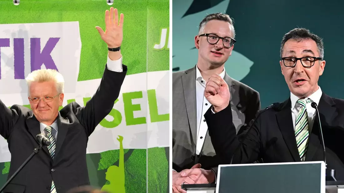 Geschenk mit Symbolkraft: Özdemir trägt die selbe Krawatte wie Kretschmann 2011.  - Bild: Uwe Anspach/Bernd Weißbrod/dpa