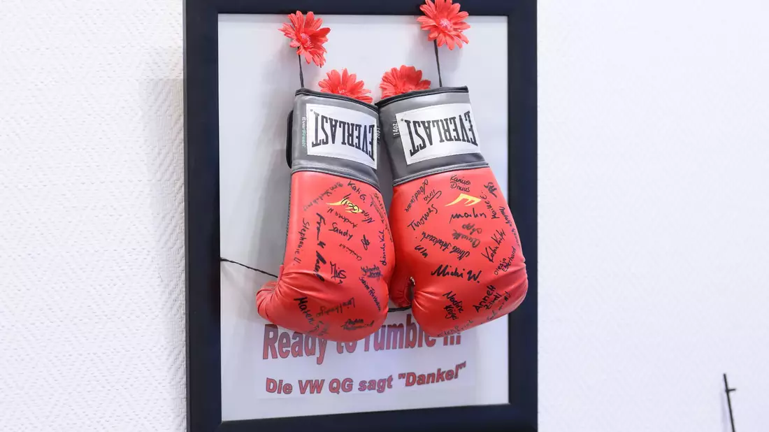 Die Boxhandschuhe in ihrem Büro erinnern an einen harten Arbeitskampf, bei dem sich Daniela Cavallo für die Übernahme von Beschäftigten einer VW-Tochtergesellschaft eingesetzt hat. - Bild: Julian Stratenschulte/dpa