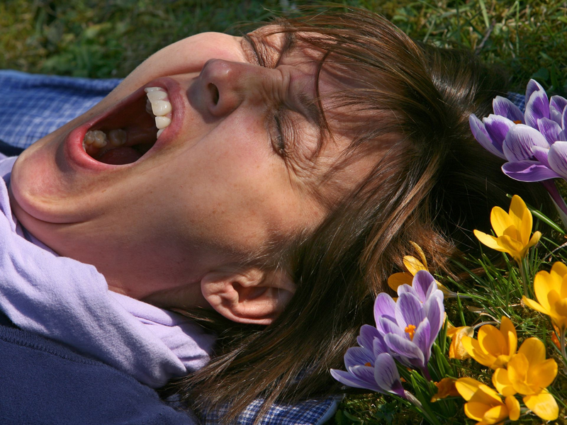 Eine Frau liegt auf einer mit Krokussen bewachsenen Wiese und gähnt. (Archivbild) - Foto: picture alliance / Karl-Josef Hildenbrand/dpa