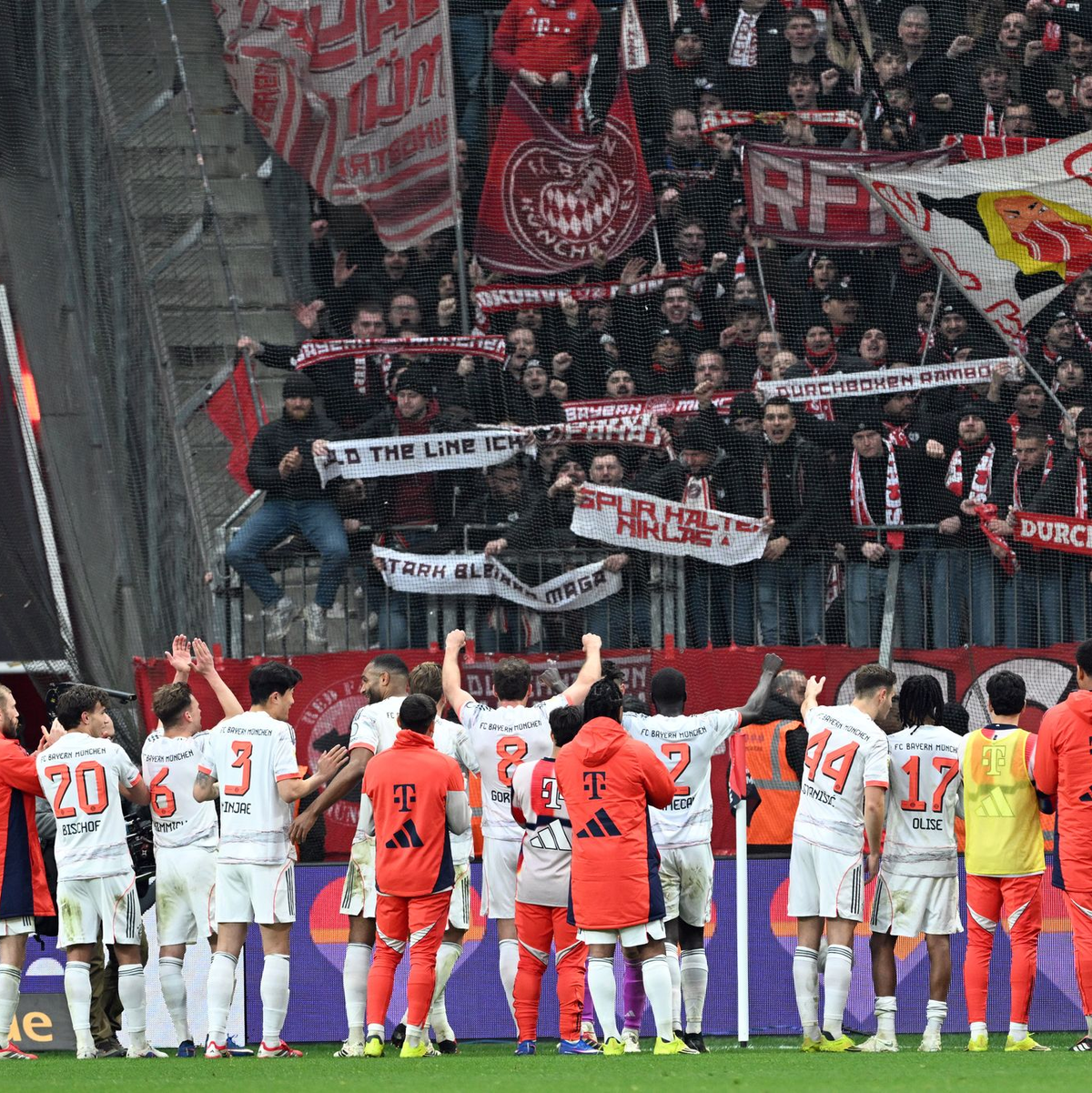 Die Spieler von Bayern München bejubelten das Remis in Leverkusen wie einen Sieg. - Foto: Federico Gambarini/dpa