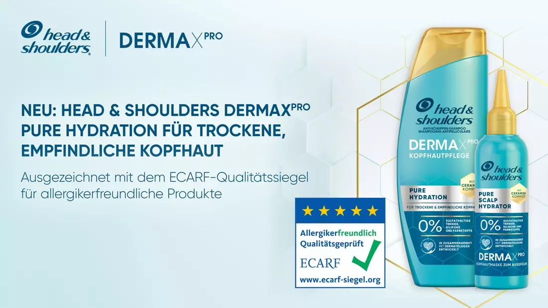 Neu: Head & Shoulders DERMAXPRO Pure Hydration für trockene, empfindliche Kopfhaut / Ausgezeichnet mit dem ECARF-Qualitätssiegel für allergikerfreundliche Produkte - Bild: presseportal.de