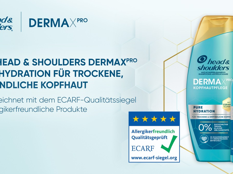 Neu: Head & Shoulders DERMAXPRO Pure Hydration für trockene, empfindliche Kopfhaut / Ausgezeichnet mit dem ECARF-Qualitätssiegel für allergikerfreundliche Produkte - Foto: presseportal.de
