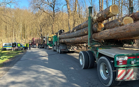 Mittelhessen: MARBURG-BIEDENKOPF: Schwerverkehrskontrolle auf der B236 zeigt gefährliche Mängel bei Holztransportern - Foto: presseportal.de