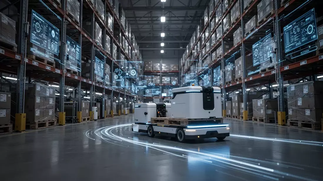 KI und Roboter revolutionieren die globale Logistik Illustration mit AI erstellt übermittelt durch boerse-global.de