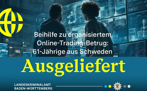 LKA-BW: Cybercrime-Zentrum erwirkt Auslieferung einer 61-jährigen Tatverdächtigen aus Schweden wegen mutmaßlicher Beteiligung an organisiertem Online-Trading-Betrug - Foto: presseportal.de