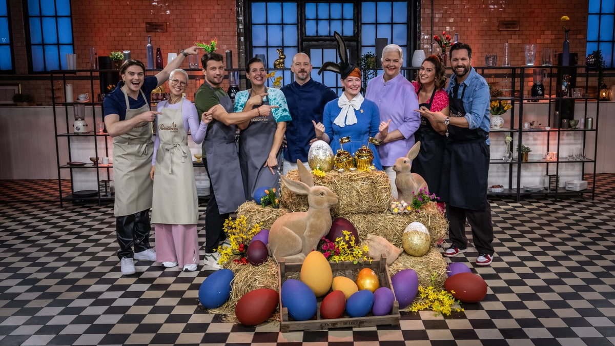 Vincent Gross Stefanie Heinzmann Raúl Richter Elena Uhlig Christian Hümbs Enie van de Meiklokjes Bettina Schliephake-Burchardt Madita van Hülsen Matthias Killing Das große Promibacken Osterspezial - Foto: Joyn/Claudius Pflug, presseportal.de