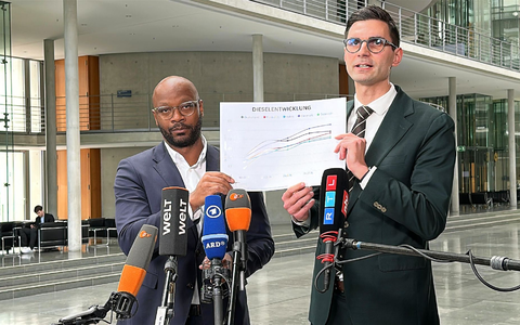 Die Chefs der Taskforce zu den Auswirkungen des Iran-Krieges, Armand Zorn (SPD, l.) und Sepp Müller (CDU), erläutern Maßnahmen zur Entlastung der Bürger, sollte der Krieg noch lange andauern.  - Foto: Jörg Ratzsch/dpa