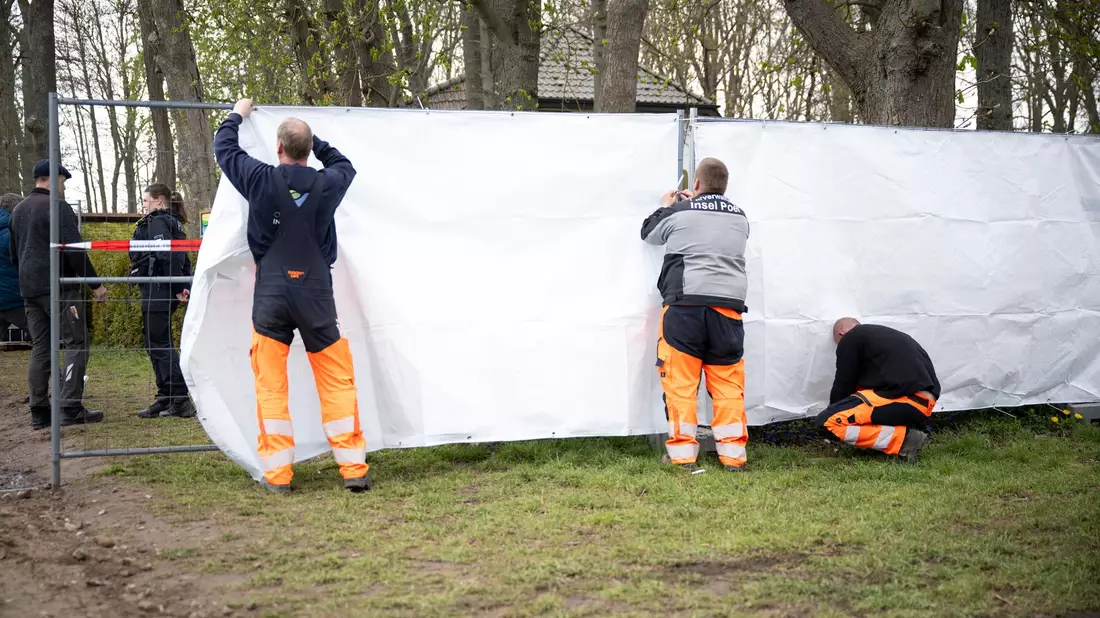 Die Polizei stellte klar, dass man vor Ort nicht den Wal verbergen wolle.  - Bild: Philip Dulian/dpa